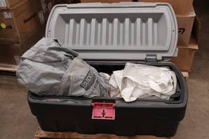 lot 337 image: Large Rubbermaid Storage Bin with Car Covers