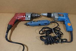 lot 363 image: Milwaukee Corded Drill, Ryobi Screwdriver, Grip Rotary Tool