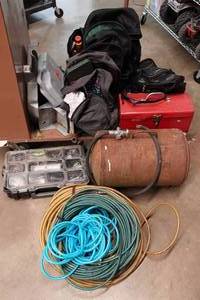 lot 377 image: Assorted Tools - Air Tank, Air Hoses, Tool Box