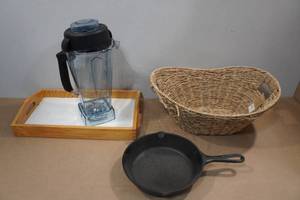 lot 271 image: Lodge Cast Iron Skillet with Woven Basket, Nutri Bullet Canister, and Serving Tray