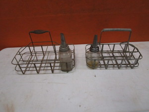 lot 264 image: (2) Vintage Oil Bottle Caddies & (2) Oil Bottles
