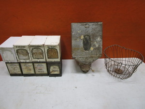 lot 271 image: Vintage Pharmacy Records Boxes, Bulk Flour Dispenser, Egg Basket