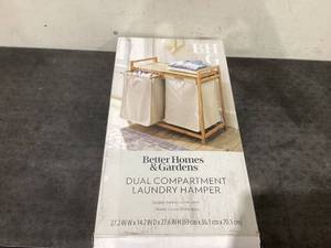 lot 610 image: Better Homes & Gardens 35L 2-Bin Rectangular Bamboo Laundry Sorter with Removable Linen Liner