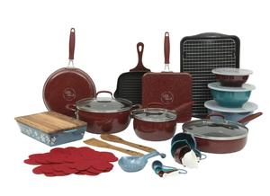 lot 646 image: The Pioneer Woman Merlot 34-Piece Aluminum Cookware Combo Set