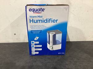 lot 642 image: Equate Warm Mist Humidifier, Visible, Filter Free, White & Blue, Top Fill, 1.3 Gallon, Big Water Capacity