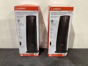 lot 663 image: LOT OF 2 Lasko 22 1500W Oscillating Ceramic Tower Space Heater with Remote Black