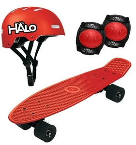 lot 654 image: Halo Retro Skateboard Helmet and Elbow Pads Red