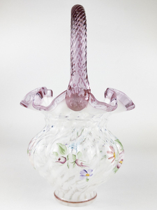 lot 6 image: FENTON Museum Collection 8.75 Melon Basket in French Opalescent with a Spiral Optic in Dusty Rose Edge & Handle. Handpainted Flowers -Iced.