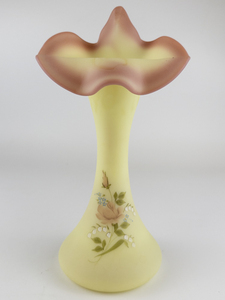 lot 7 image: FENTON Mary Walraths Love Bouquet Collection 10 Jack In The Pulpit Vase - Burmese. Signed by Mary Walrath. Handpainted & signed by Donna R