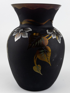 lot 8 image: FENTON Heirloom Collection 32oz Sand carved Amethyst Iridescent Vase. Handpainted by C. Riggs  NUMBERED LIMITED EDITION