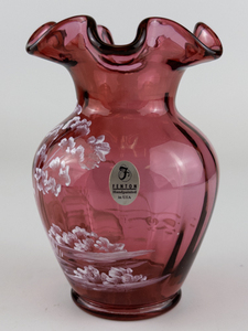 lot 9 image: FENTON Mary Gregory  5 Limited Edition Cranberry Vase. Handpainted by S. Hart  NUMBERED LIMITED EDITION