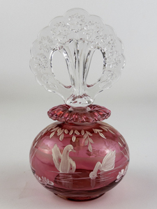 lot 10 image: FENTON Mary Gregory 5 Limited Edition Cranberry Perfume Bottle.  Handpainted by D. Fredrick  NUMBERED LIMITED EDITION