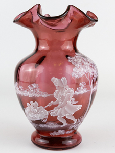 lot 12 image: FENTON Mary Gregory 7 Limited Edition Cranberry Vase. Handpainted by T. Gaskins  NUMBERED LIMITED EDITION