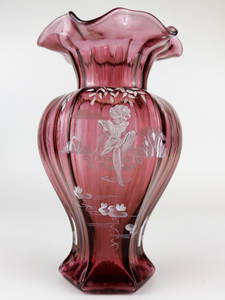 lot 13 image: FENTON Mary Gregory 9 Limited Edition Cranberry Hexagon Vase. Handpainted & Signed S. Bryan  NUMBERED LIMITED EDITION