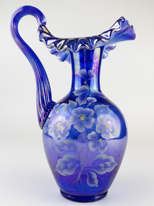 lot 14 image: FENTON Museum Collection 10 Pitcher - Cobalt Carnival #CV055 H4. Handpainted and Signed by Artist S. Bryan