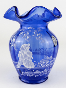 lot 15 image: FENTON Mary Gregory 5 Cobalt Vase. Handpainted & Signed Jo. Lynch #15595