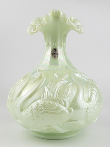 lot 16 image: FENTON Carnival Glass - 8 Glass Sea Mist Green Iridized Swan and Cattails Vase with Foil Label