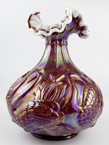 lot 18 image: FENTON Museum Collection Swan and Cattails Vase - Ruby Red Overlay with Milk Edge, Iridized #C94583C.