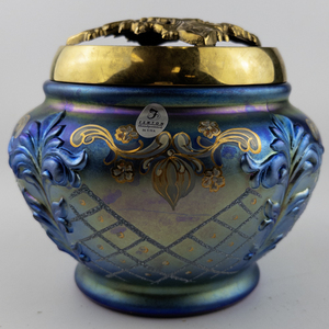 lot 20 image: FENTON Limited Edition -Blue Iridescent Carnival Favrene Daisy JarVase. Handpainted by T. Gaskins  NUMBERED LIMITED EDITION