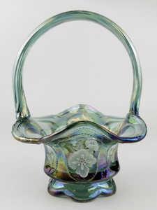 lot 21 image: FENTON 7 12 Cape Cod Green Basket. Handpainted and Signed by Artist K Brightbill