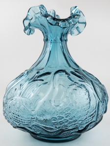 lot 24 image: FENTON 8 Swan and Cattails Vase - Blue Teal Royale