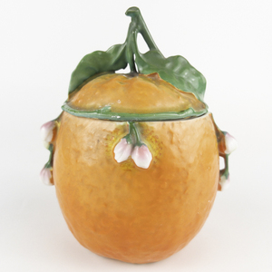 lot 25 image: Antique ROYAL BAYREUTH Orange Marmalade Porcelain Jar with Lid & Plate Estimated Replacement Value $250