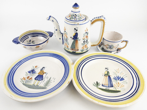 lot 47 image: QUIMPER Henriot French Coffee Pot & Lid, Bowl, Set of Two Plates, & Tea Cup with Saucer -  Estimated Replacement Value  $500