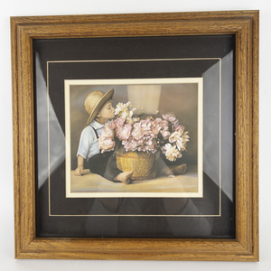 lot 57 image: NANCY NOEL Joshua Young Amish Boy with Basket of Flowers -Framed