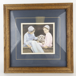 lot 58 image: NANCY NOEL Joshua Young Amish Boy with Basket of Flowers -Framed