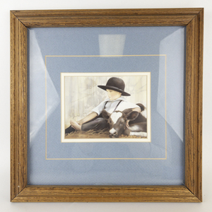 lot 61 image: NANCY NOEL Mid Morning Young Amish Boy with Calf -Framed