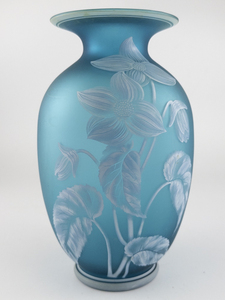 lot 74 image: FENTON The Avon Vase 10 - Translucent Azure Blue Glass with Satin Finish Handpainted White Enamel Flowers, Butterfly (Made for Avon)