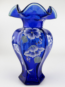 lot 76 image: FENTON 9 November 13th, 1998. Cobalt Blue 75th Anniversary Celebration Vase. Handpainted by Jo. Reynolds Signed Bill Fenton.