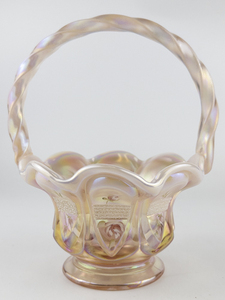 lot 81 image: FENTON 8.5 Champagne Iridized Satin Pink, Green, & Lavender Banned Oval Basket. Handpainted & Signed by Wendi Weblin. Signed Frank Fenton.