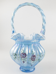 lot 82 image: FENTON Museum Collection 8 34 Melon Basket - Celeste Blue Overlay Iridized #C7532 YV. Signed Bill Fenton. Handpainted and Signed by Artist P Lane
