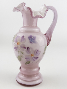 lot 83 image: FENTON 6.5 Dusty Rose & Aster on Rose Overlay Pitcher Family Signature Series, Signed Lynn E. Fenton. Handpainted by Artist C. Smith #56