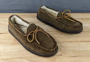 lot 296M image: Minnetonka Pile Lined Hard Sole Moccasin Shoes Mens Size 7 Chocolate N