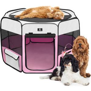 lot 212 image: New X-Zone Portable Pet Play Tent Kennel Crate, IndoorOutdoor Travel Camping Pink Large $59.99 Retail B