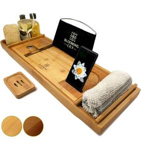 lot 211 image: Brand New Bathtub Tray - Sturdily Designed Bath Caddy with Wine Glass Holder, Wooden Bamboo B