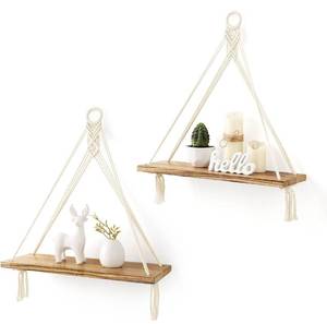 lot 208 image: Brand New Mkono Macrame Hanging Shelves, Set of 2 Rustic Wood Floating Shelves B