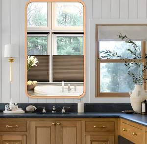 lot 201 image: Brand New Fuwu Home Rectangle Bathroom Mirror with Rounded Corners in Natural Wooden Frame B