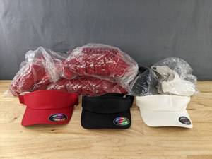 lot 231A image: 39 Brand New Yupoong FlexFit Wooly Combed Visors in Black, Red and White Size LXL A