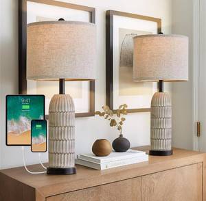 lot 154 image: Brand New Set of 2 Oyears 26.5 Table Lamp Set with USB AC Charging Ports $89.99 Retail B