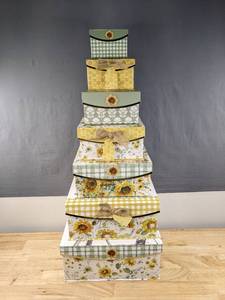 lot 198 image: 7 Brand New Decorative Flip Top Boxes Sunflower Yellow and Gray D