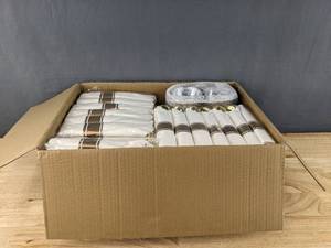 lot 80 image: Brand New Box of Celebration Supplies with Plastic Plates, Cups, Utensils, and Napkins N