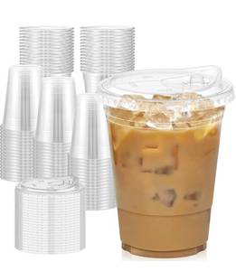 lot 224 image: New 100 Pack - 16 oz Clear Plastic Cups with Lids - Sturdy & Food Safe Iced Coffee and Smoothie Disposable Cups N
