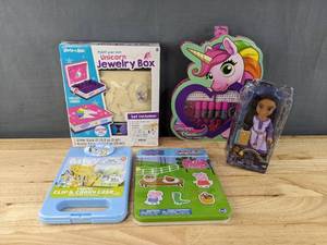 lot 236A image: Brand New Childrens Creative Toys - Wish Asha Doll, Bluey Travel Case, Peppa Pig Magnet Toy, Unicorn Jewelry Box, and Unicorn Nail SetB