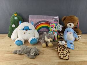 lot 181C image: 8 New Assorted Small Plush Animals (Care Bears, Beanie Babies, and more) and New Heatable Huggable Rainbow B