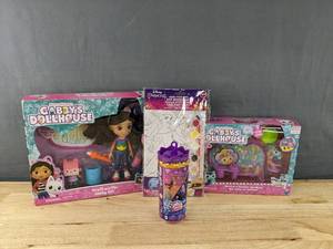 lot 120A image: 4 Brand New Girls Toys Gabbys Dollhouse Craft-a-Riffic Gabby Girl, Gabbys Dollhouse Mercats Seaside Spa Room, Disney Princess Royal Color Reveal and Disney Princess Paint Your Own Art Board Set B