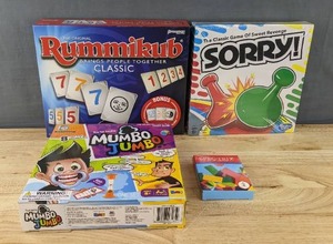 lot 186A image: Brand New Pressman The Original Rummikub, Hasbro Gaming The Classic Game of Sweet Revenge Sorry, Games Hub Youre Talkin Mumbo Jumbo and Spec Trix A Colorful Rummy Game On The Go B