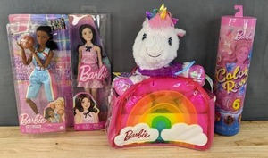lot 221B image: Brand New 8 Piece Barbie Dreamtopia Unicorn Doctor Set, Barbie Fashionistas Doll Black Hair Pink Gingham Dress Toy, Mattel Barbie You Can Be Anything Made to Move Brunette Basketball Player Fashion Doll and Barbie Color Reveal Doll with 6 Surprises B